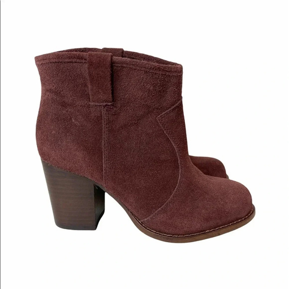 Splendid | Burgundy Suede Stacked Heel Ankle Boots - Picture 2 of 9